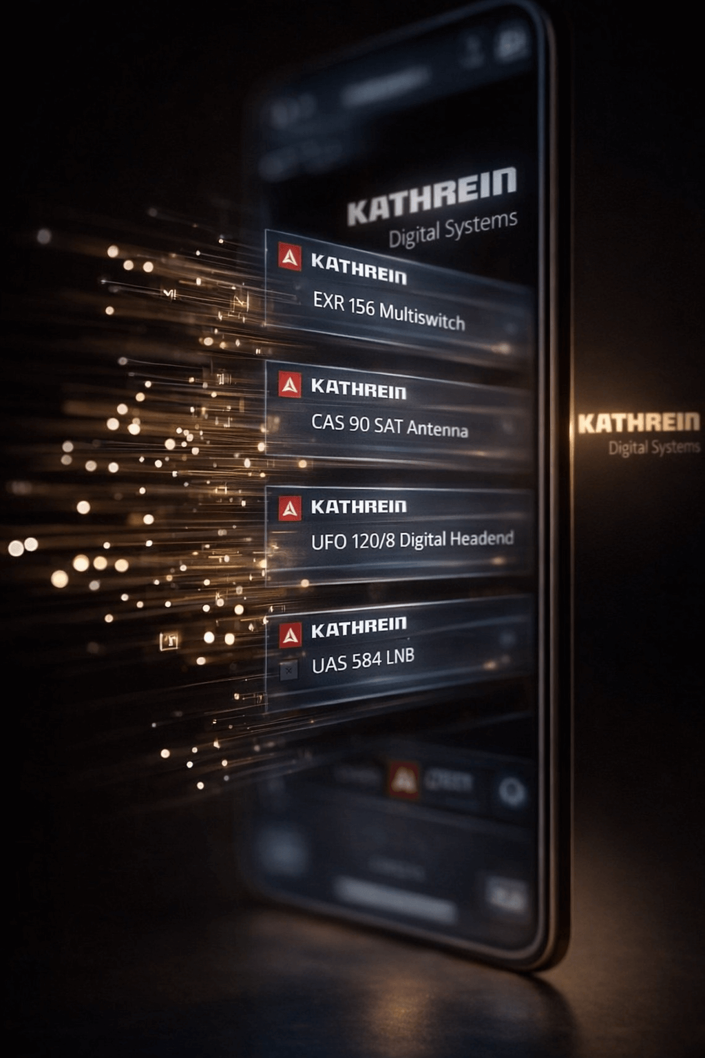 Mobile phone displaying Kathrein products for satellite and professional installations